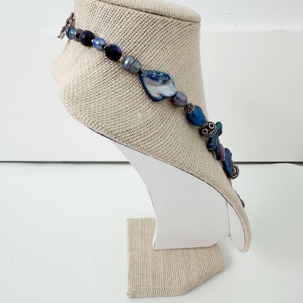 Genuine Sterling Silver Necklace, Blue & Pink Pearls, Dichrioc Glass Pendant - Picture 5 of 11